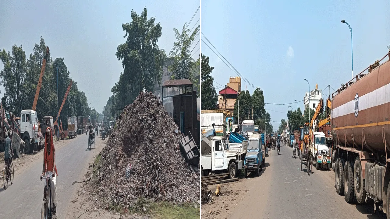 পানাগড় বাজারে উধাও ফুটপাত, সড়কে ভাঙা গাড়ির গ্যারেজ ও আবর্জনার স্তূপ! তীব্র যানজটে নাজেহাল পথচারীরা