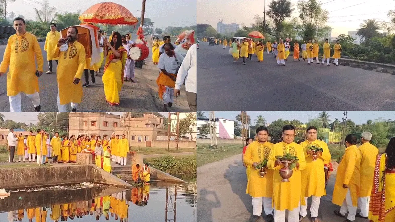 একই সাজে সুসজ্জিত হয়ে কলা বউ স্নান