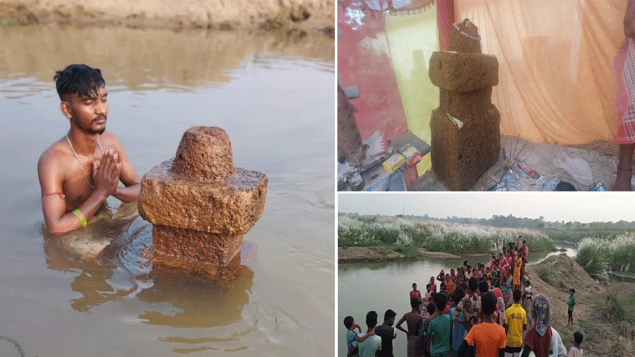 শিলাবতী নদী থেকে প্রচীন শিলা উদ্ধার, শিবলিঙ্গ দাবি করে পুজো গ্রামবাসীদের