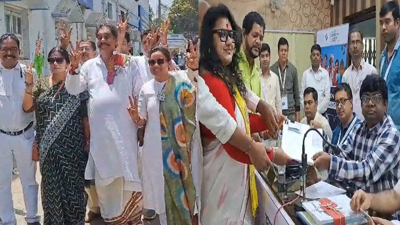 ১০০ ফুট লম্বা দলীয় পতাকা নিয়ে নমিনেশন বাঁকুড়া ও বিষ্ণুপুর লোকসভা কেন্দ্রের দুই তৃণমূল প্রার্থীর