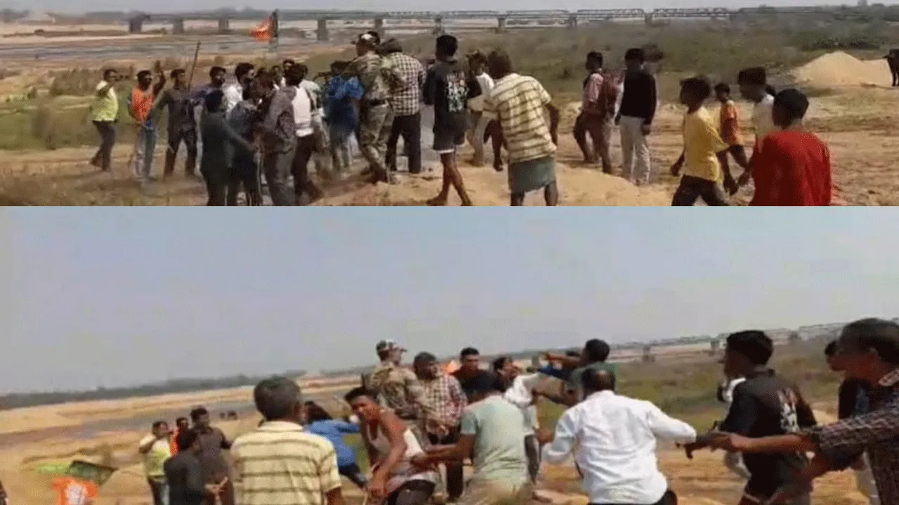বালি পাচারকারী ও বিজেপি নেতা কর্মীদের মধ্যে ধাক্কাধাক্কি