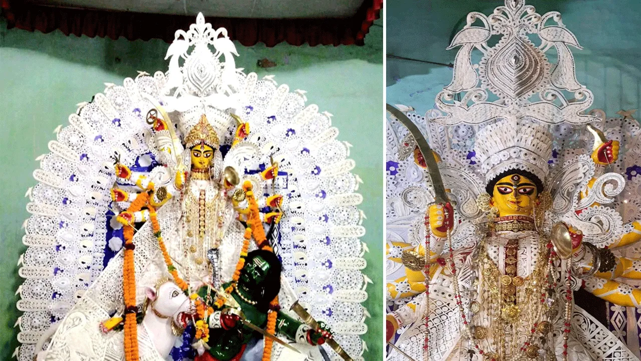 শান্তিপুরের জজ পণ্ডিত বাড়ির দুর্গাপুজোয় দেবী পূজিত হন মহিষাসুরমর্দিনী রূপে