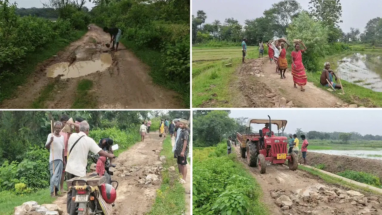 নিজেদের উদ্যোগেই রাস্তা মেরামতে গ্রামের বাসিন্দারা