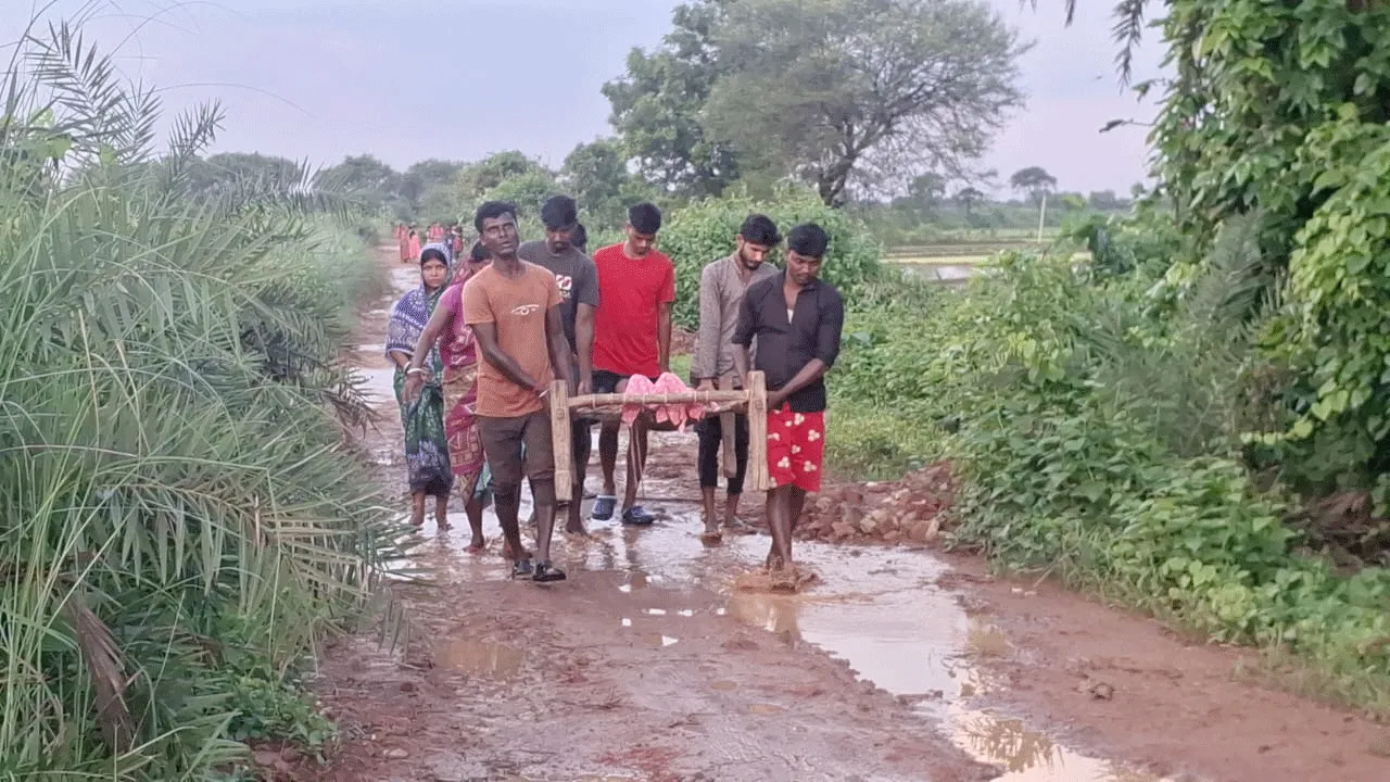 বেহাল রাস্তা,খাটিয়ায় চড়ে হাসপাতালের পথে রোগী