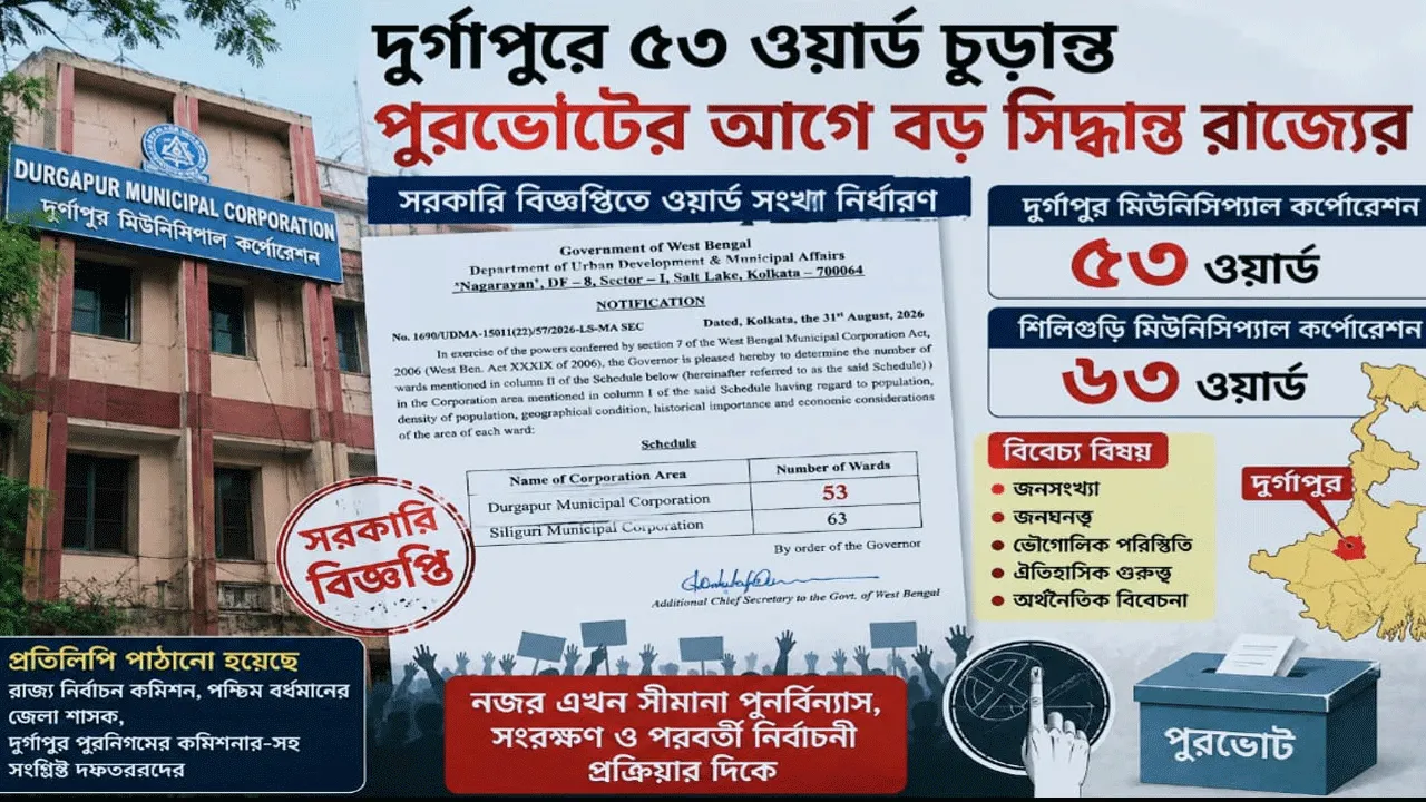 দুর্গাপুরে ৫৩ ওয়ার্ড চূড়ান্ত, পুরভোটের আগে বড় সিদ্ধান্ত রাজ্যের, বদলাতে পারে রাজনৈতিক সমীকরণ