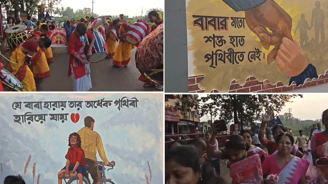 মহিলা ঢাকিদের বাজনা ও নারীদের উছ্বাস: ‘নীরব যোদ্ধা’ থিমে মায়ের আবাহন দুর্গাপুরের বামুনারায়
