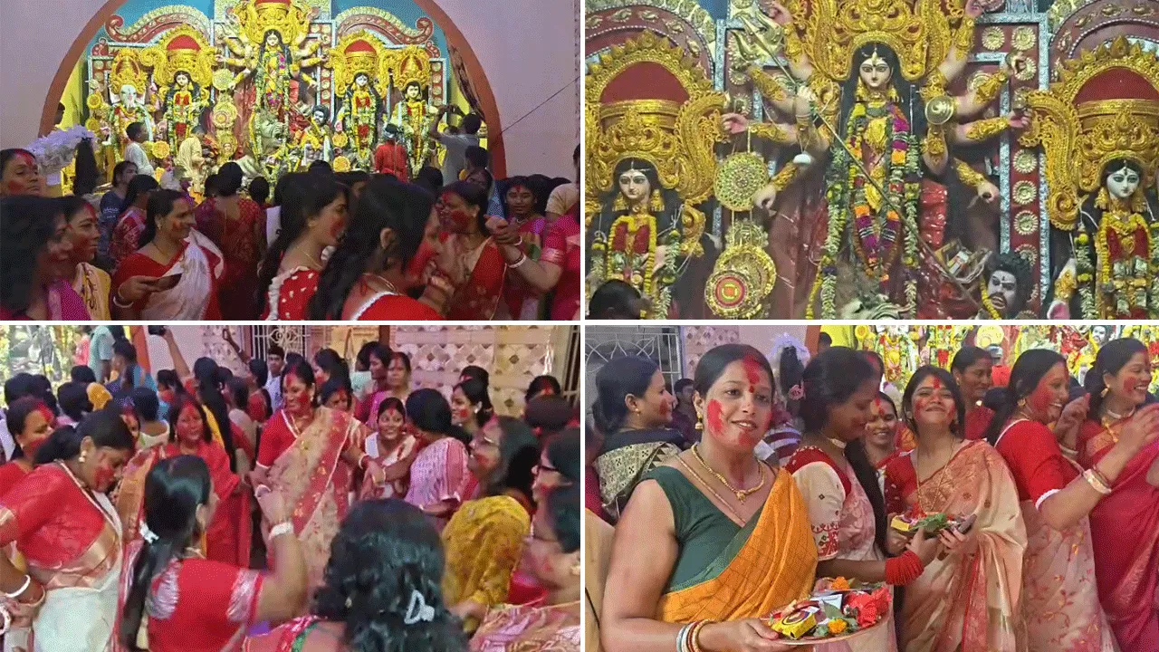 বিষাদের সুরেও আনন্দের রঙ, সিঁদুর খেলায় উমাকে বিদায় জানালেন দুর্গাপুরের মহিলারা