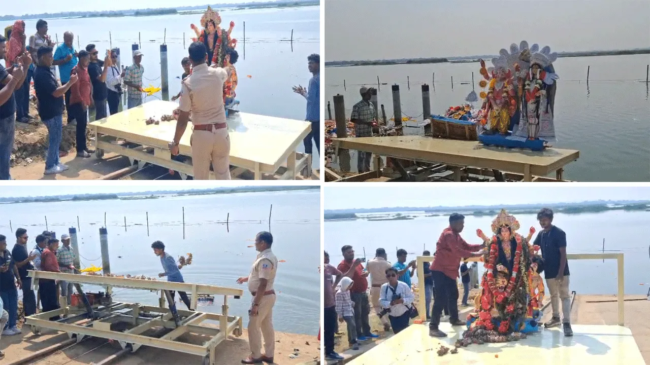 আধুনিক হাইড্রোলিক পদ্ধতিতে প্রতিমা বিসর্জন দুর্গাপুরের দামোদরে