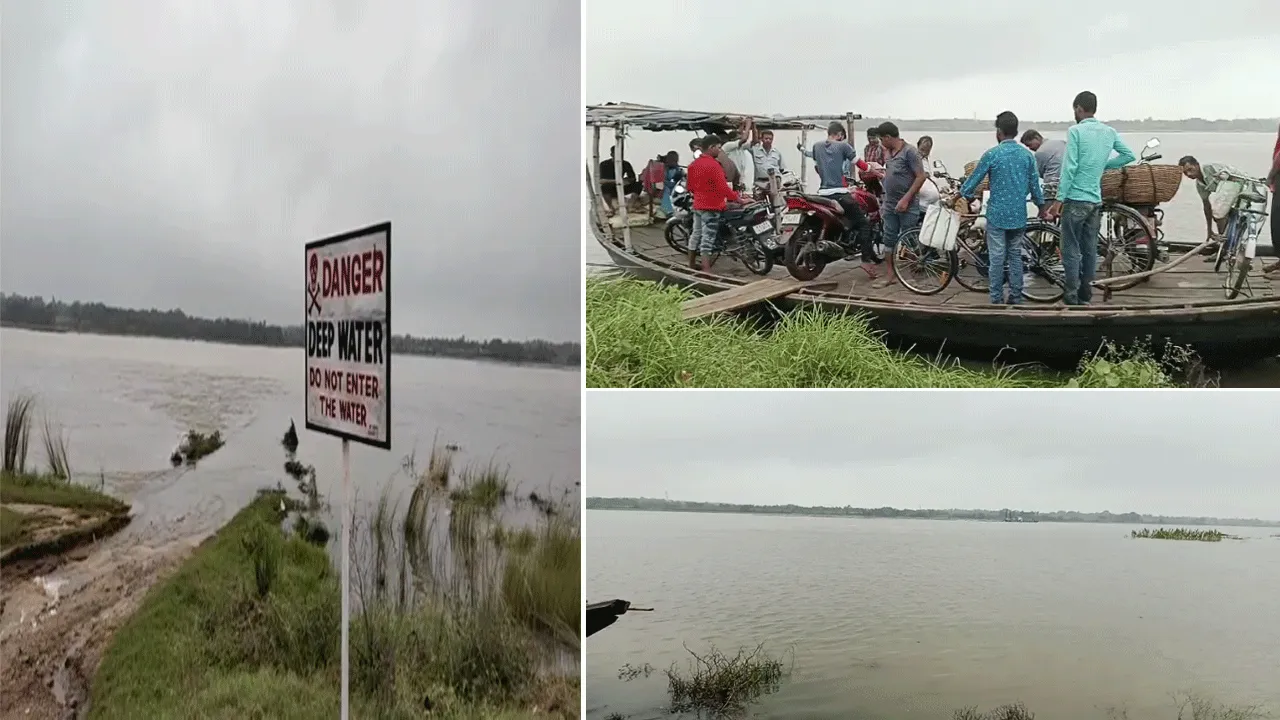 নদীর জলস্তর বেড়ে ডুবেছে অস্থায়ী সেতু, জীবনের ঝুঁকি নিয়ে চলছে পারাপার