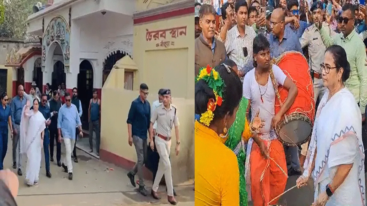 বাঁকুড়াতে মন্দিরে পূজো ও ঢাক বাজান মুখ্যমন্ত্রী