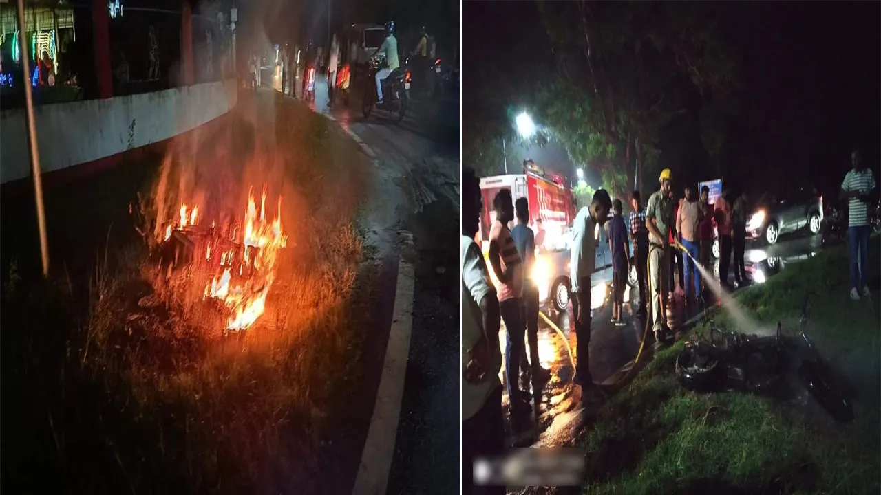 আগুনে ভস্মীভূত বাইক, অল্পের জন্য প্রাণে বাঁচলেন রেলকর্মী