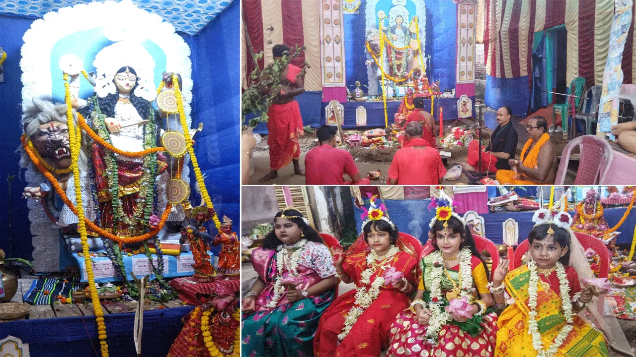 জগদ্ধাত্রী আরাধনায় হালদার বাড়িতে চারজন কুমারীর একসঙ্গে পুজো!