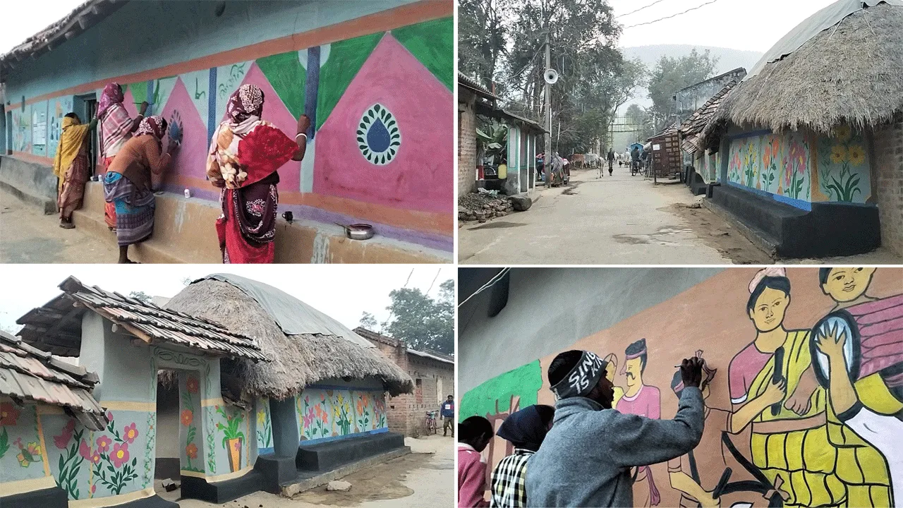 বর্ষবরণে রঙিন শিউলিবনা, দেওয়ালচিত্রে ফুটে উঠছে আদিবাসী সংস্কৃতি