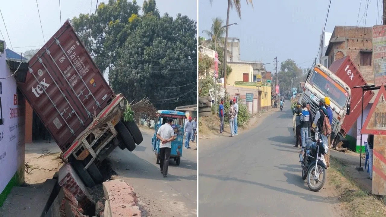 পণ্যবাহী ট্রাক নিয়ন্ত্রণ হারিয়ে ধাক্কা মারল রাস্তার পাশের বাড়িতে