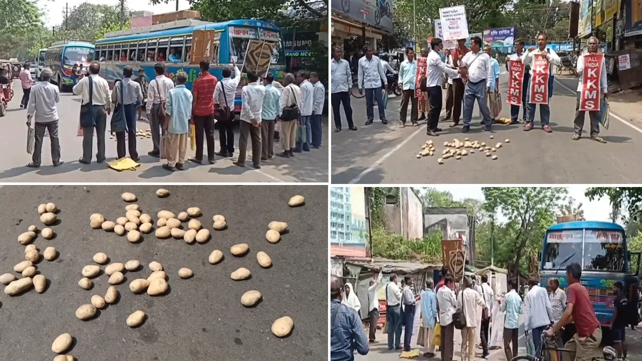 রাস্তায় আলু ফেলে বিক্ষোভ অল ইন্ডিয়া কিষাণ ক্ষেতমজুর সংগঠনের