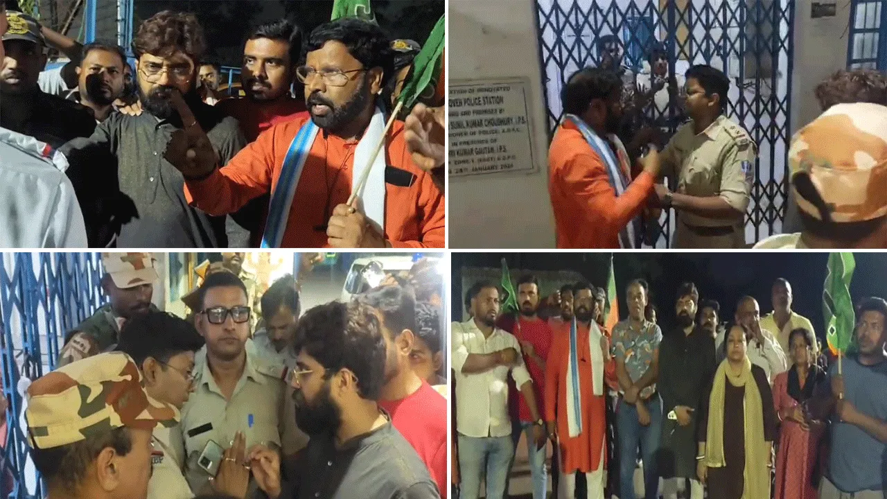 বিজেপি কর্মীদের গ্রেপ্তারের প্রতিবাদে থানা ঘেরাও করে তুমুল বিক্ষোভ দুর্গাপুরে