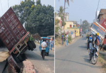 পণ্যবাহী ট্রাক নিয়ন্ত্রণ হারিয়ে ধাক্কা মারল রাস্তার পাশের বাড়িতে